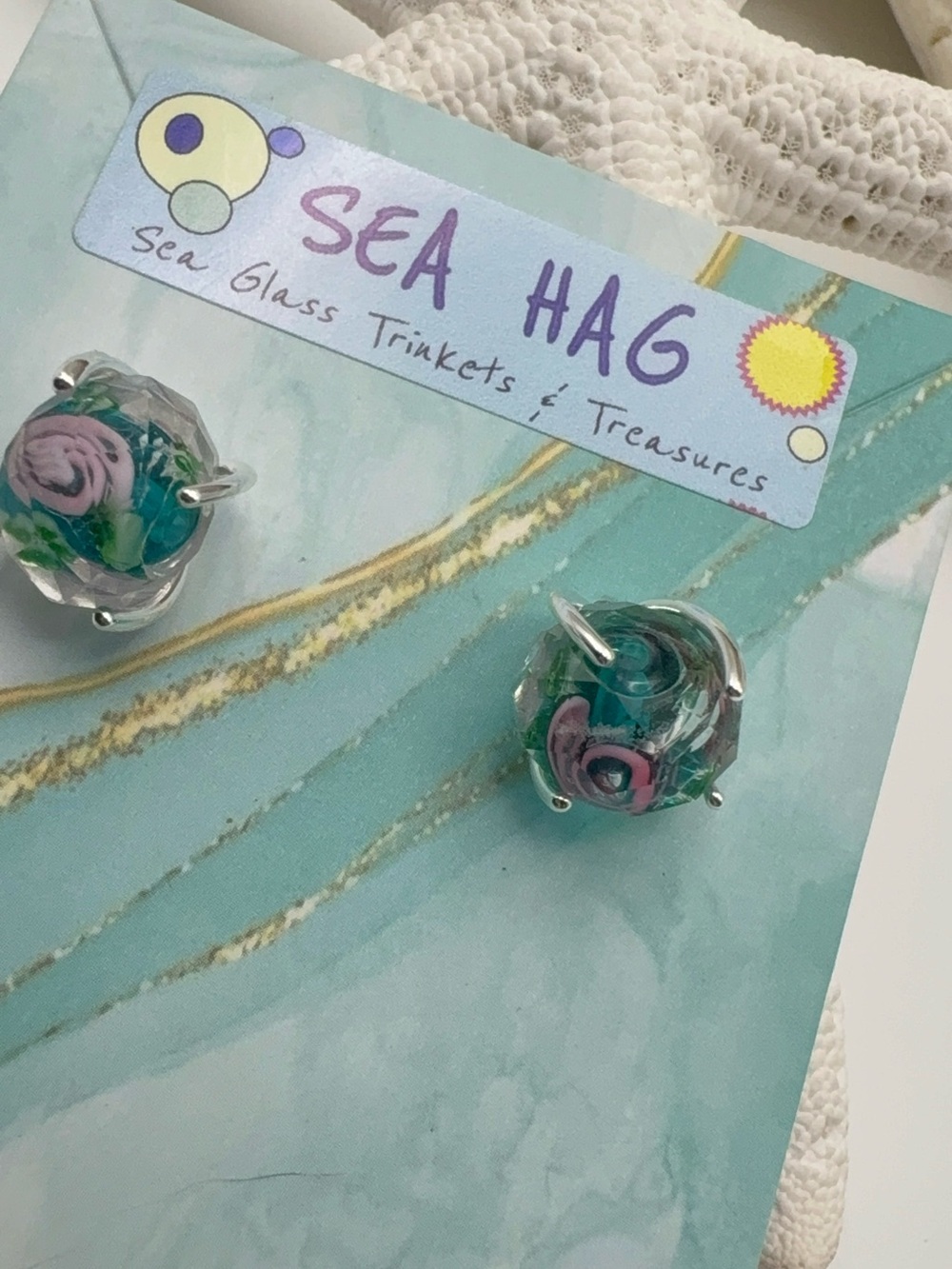 Glass Flower Bead Earrings - Teal & Pink